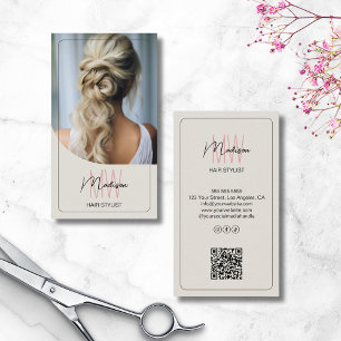 Modern Script Monogram Hair Stylist Salon Photo QR Business Card