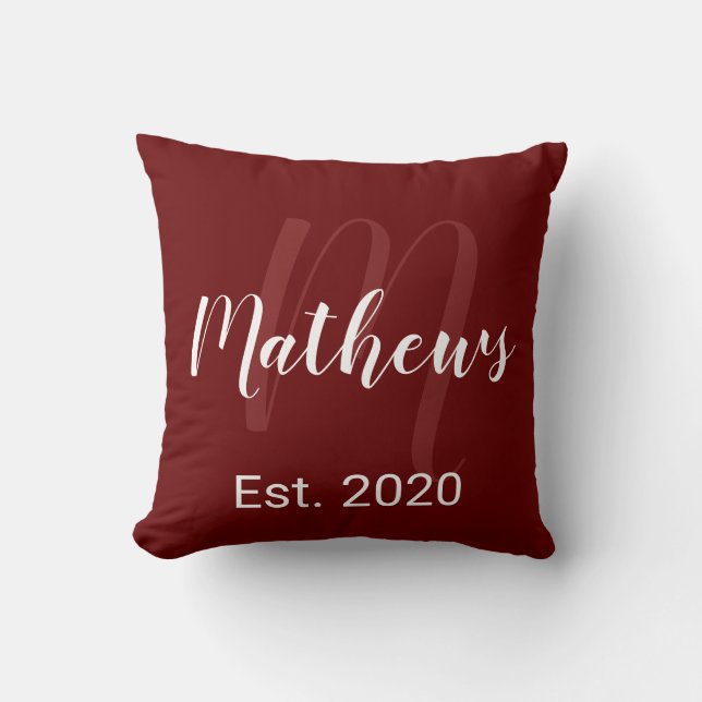Modern Script Monogram in Burgandy Wine Cushion (Front)
