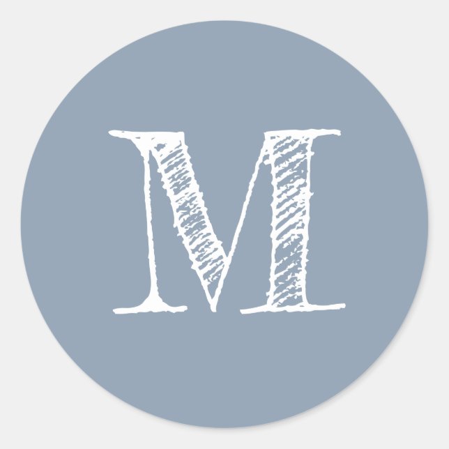 Modern Script Monogram Initial Dusty Blue Classic Round Sticker (Front)