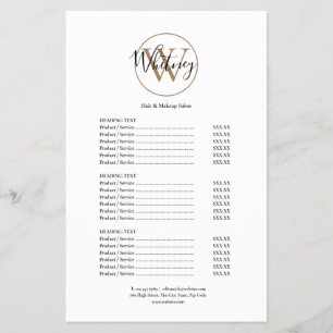 Modern Script Monogram Salon Service Menu