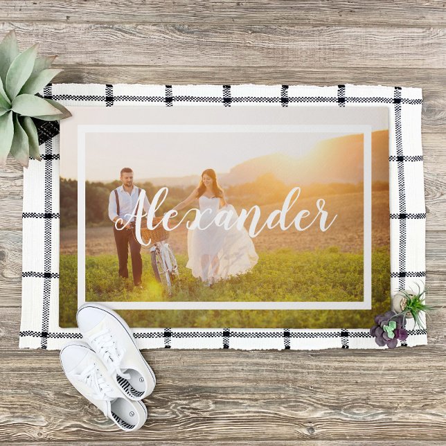 Modern Script Monogram Wedding Photo Doormat (Creator Uploaded)
