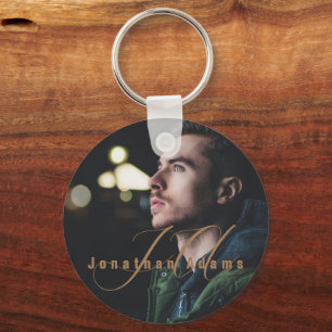 Modern Script Monogrammed Full Photo Key Ring