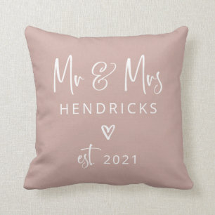 Modern Script Mr and Mrs. Wedding Earthy Pink Cushion