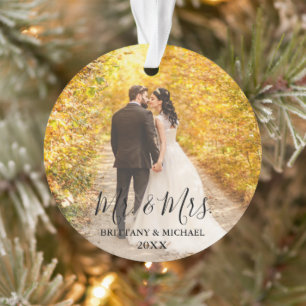 Modern Script Mr. & Mrs. Wedding Photo Ornament
