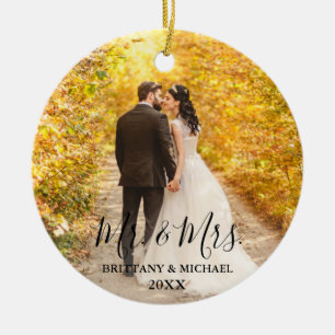 Modern Script Mr. & Mrs. Wedding Photo Round Ceramic Tree Decoration