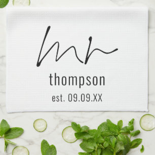 Modern Script Mr Name Date Newlywed Keepsake  Tea Towel