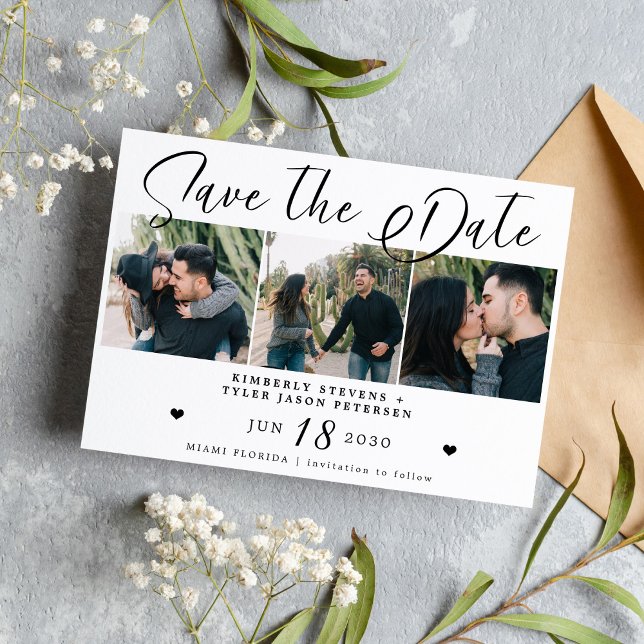 Modern script multi photo black and white wedding save the date (Creator Uploaded)
