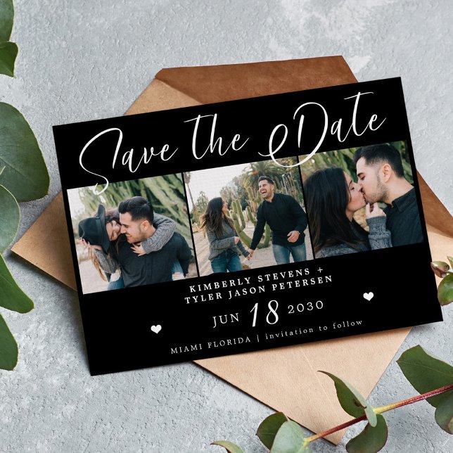 Modern script multi photo black wedding save the date (Creator Uploaded)