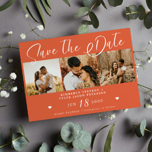 Modern script multi photo bright orange wedding save the date