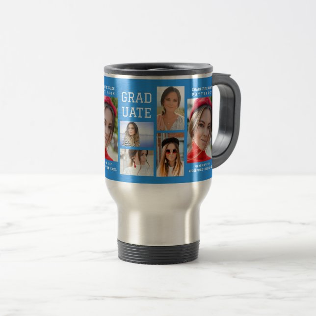 Modern Script Multi Photo Graduation Graduate Travel Mug (Front Right)