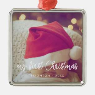 Modern script My First Christmas baby photo Metal Tree Decoration