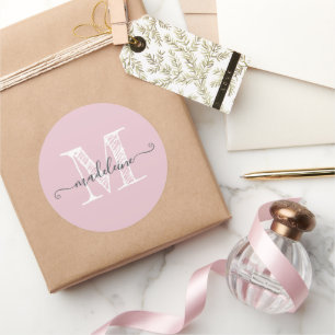 Modern Script Name Monogram Initial Parfait Pink Classic Round Sticker