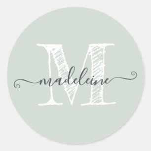 Modern Script Name Monogram Initial Pastel Green Classic Round Sticker