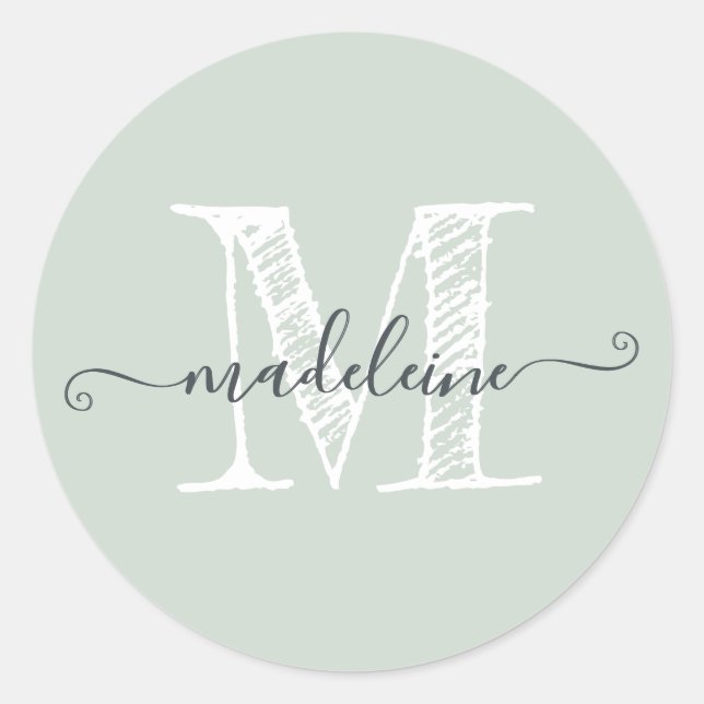 Modern Script Name Monogram Initial Pastel Green Classic Round Sticker (Front)