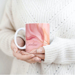Modern Script Name Peach Floral Watercolor Coffee Mug