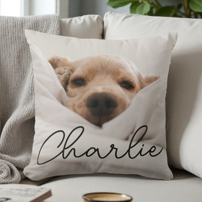 Modern Script Name Personalised Pet Photo Dog Cushion (Modern Script Name Personalized Pet Photo Dog Throw Pillow)