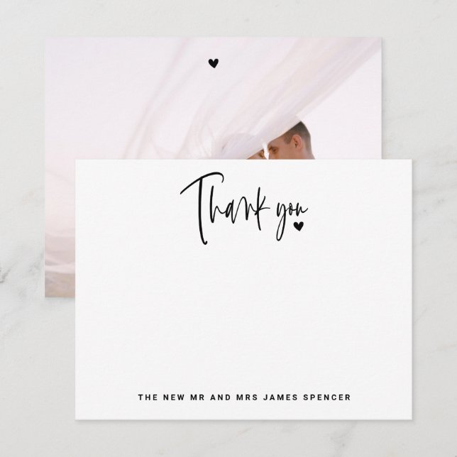 Modern Script Name Photo Heart Wedding Thank You Card (Front/Back)