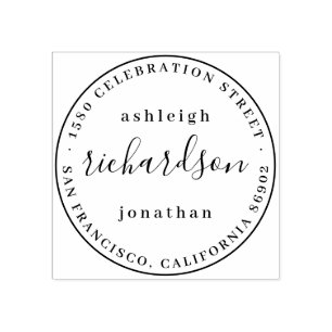 Modern Script Name Round Wedding Return Address Rubber Stamp