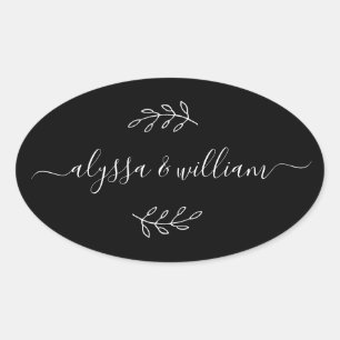 Modern Script Name Simple Black Chic Minimalist Oval Sticker