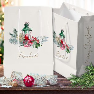 Modern Script Name Watercolor Merry Christmas Medium Gift Bag
