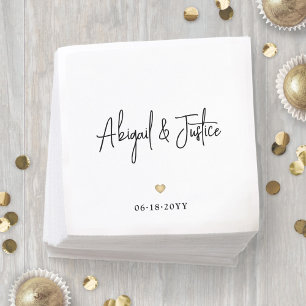 Modern Script Names and Simple Gold Heart Wedding Napkin