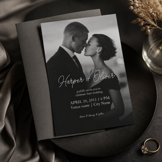 Modern Script Names Black and White Photo Wedding Invitation (Creator Uploaded)
