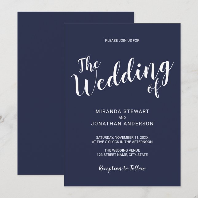 Modern Script Nautical Navy Blue Wedding Invitation (Front/Back)