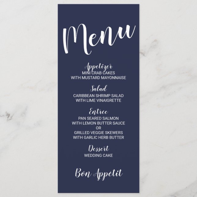Modern Script Nautical Navy Blue Wedding Menu (Front)