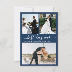 Modern Script Navy 3 Photo Collage Wedding Thank You Card