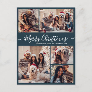 Modern Script Navy 5 Photo Collage Christmas Postcard