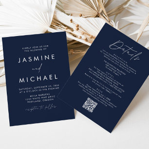 Modern Script Navy All In One QR Code Wedding Invitation