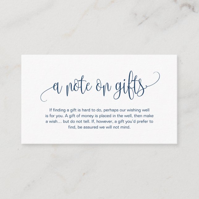 Modern script, Navy Blue, A note on gifts Enclosure Card (Front)