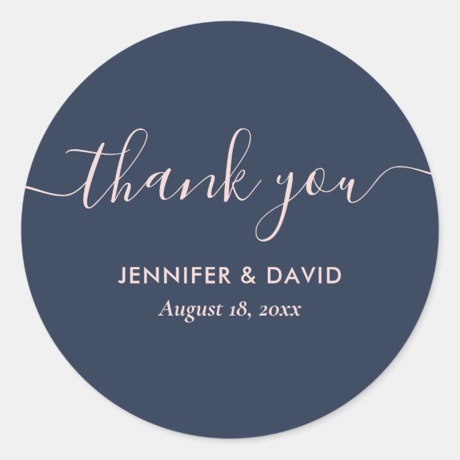 Modern Script Navy Blue and Blush Thank You Classic Round Sticker (Front)