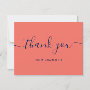 Modern Script Navy Blue and Coral Wedding Shower Thank You Card