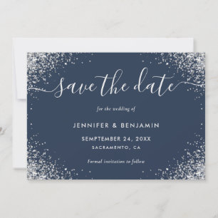 Modern Script Navy Blue and Silver Glitter Wedding Save The Date