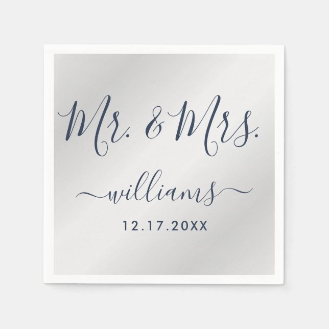 Modern Script Navy Blue and Silver Mr. and Mrs. Napkin (Front)