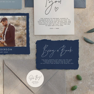 Modern script navy blue baby shower bring a book  card