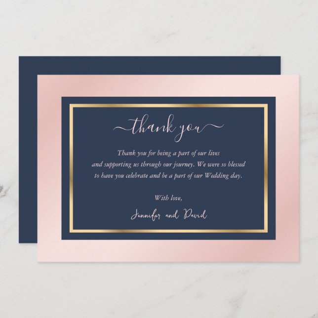 Modern Script Navy Blue Blush Gold Thank You Card (Front/Back)