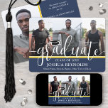 Modern Script Navy Blue & Gold 4 Photo Graduation Announcement<br><div class="desc">Share the joy of a high school or college graduation with custom 4 photo collage navy blue and gold announcements. The pictures and all wording on this template are simple to personalise with any details of your choice, such as party invitation info, parents' names, special honours, degree title, favourite inspirational...</div>
