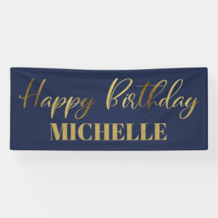Modern Script Navy Blue Gold Happy Birthday Banner