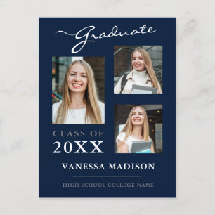 Modern Script Navy Blue Graduate Announcement Postcard