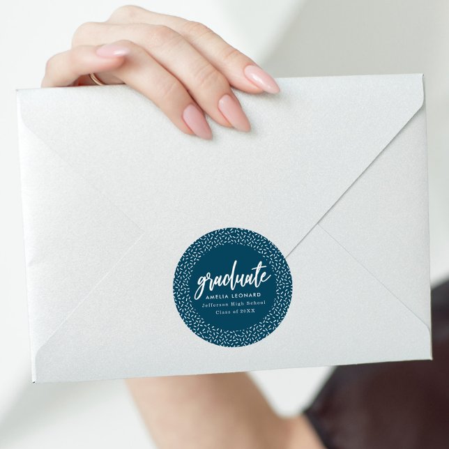Modern Script Navy Blue Graduation Classic Round Sticker (Creator Uploaded)