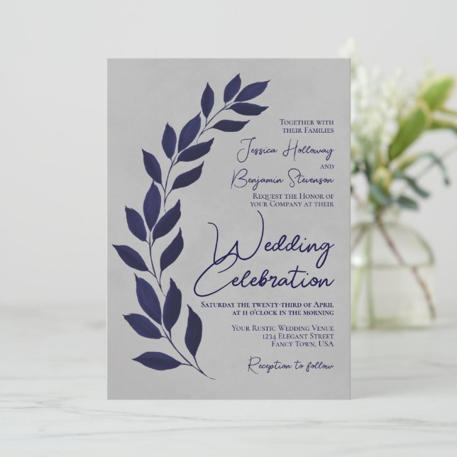 Modern Script Navy Blue Leaves on Gray Wedding Invitation (Standing Front)
