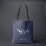 Modern Script Navy Blue Personalised Bridesmaids Tote Bag<br><div class="desc">Modern Script Navy Blue Personalised Bridesmaids Tote Bag
featuring personalised bridesmaid's name in modern calligraphy font style with title and wedding date in modern sans serif font style on navy blue background.

Also perfect for Maid of Honour,  Flower Girl,  Mother of the Bride and more.</div>