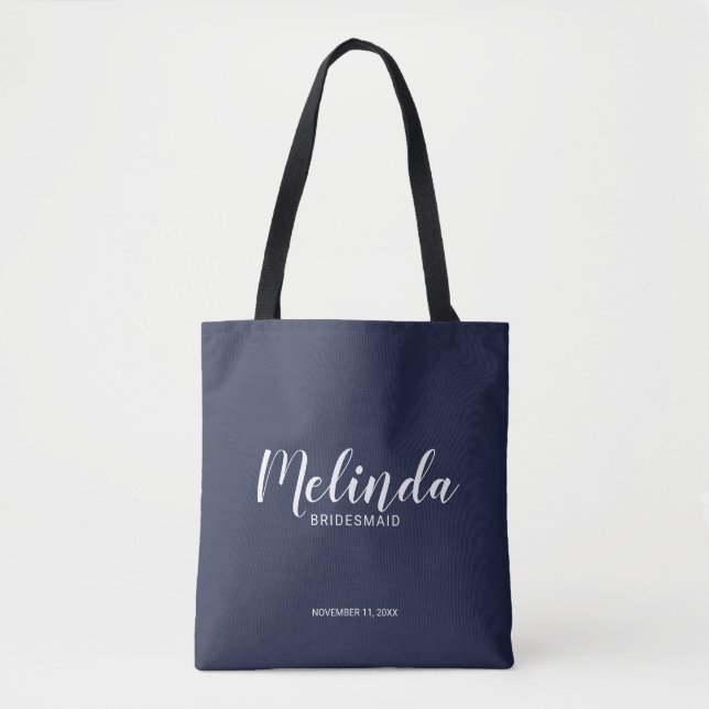 Modern Script Navy Blue Personalised Bridesmaids Tote Bag (Front)