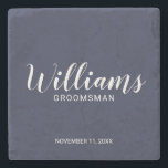Modern Script Navy Blue Personalised Groomsman Stone Coaster<br><div class="desc">Modern Script Navy Blue Personalised Groomsmen Coaster
featuring personalised groomsman's name in modern calligraphy font style with title and wedding date in modern sans serif font style on navy blue background.

Also perfect for Father of the Bride,  Best man and more.</div>