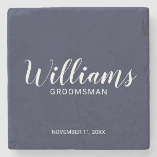 Modern Script Navy Blue Personalised Groomsman Stone Coaster