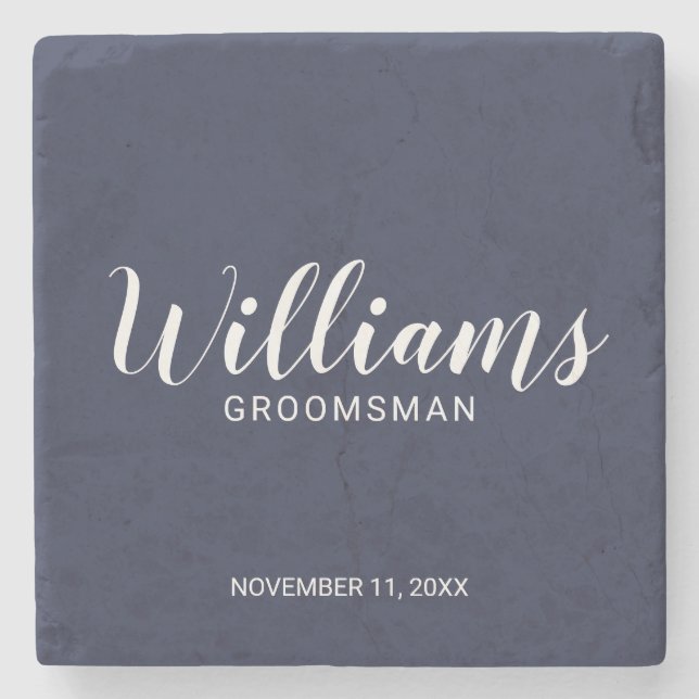 Modern Script Navy Blue Personalised Groomsman Stone Coaster (Front)