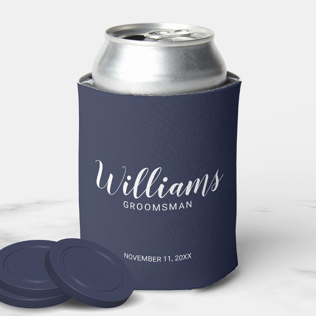 Modern Script Navy Blue Personalised Groomsmen Can Cooler (Creator Uploaded)