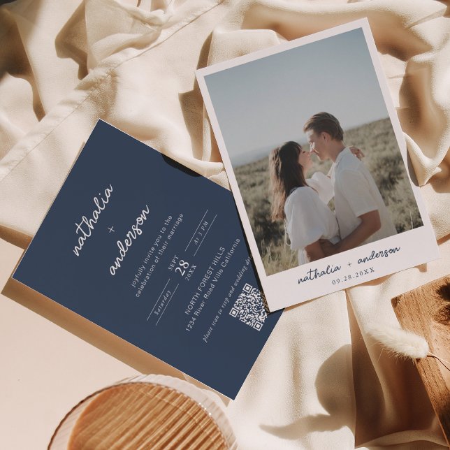 Modern Script Navy Blue Photo QR Code Wedding Invitation (Creator Uploaded)